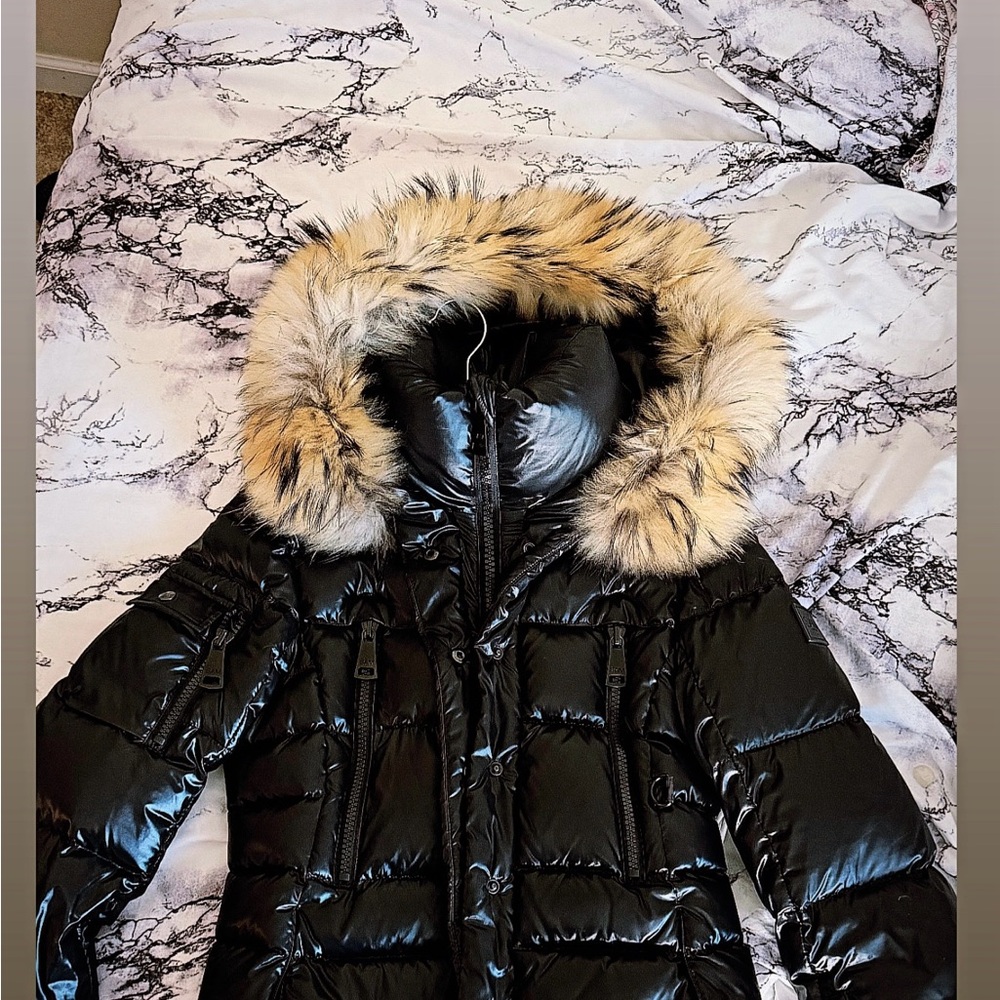 SAM. Black Puffer Jacket with Raccoon Faux Fur Trim